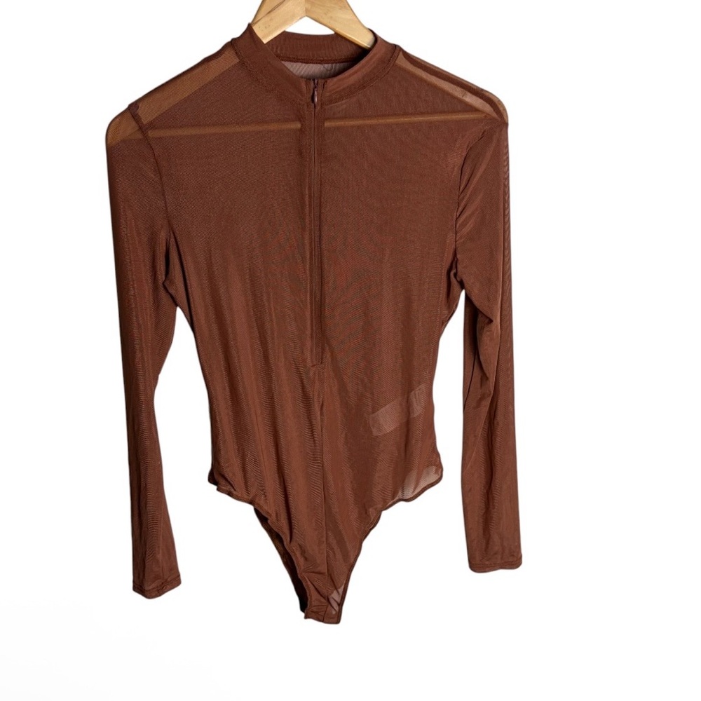Brown tan nude mesh zip front sheer long sleeve body suit size M